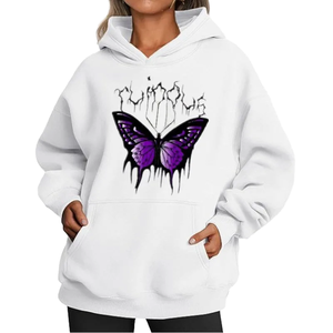 The "melting butterfly" hoodie features a deep plum fabric with a high-contrast teal butterfly graphic on the back. - Product Image 1