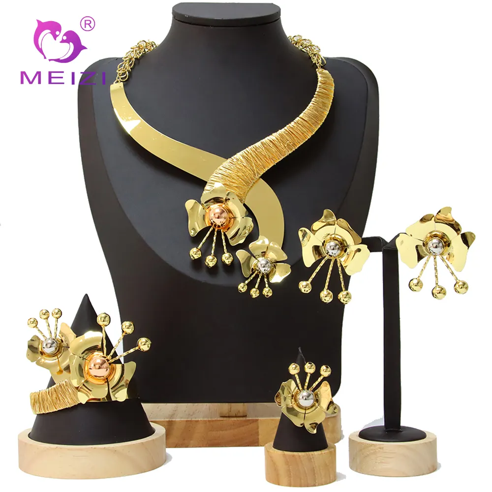 MEIZIラグジュアリー18kゴールドメッキジュエリーセット女性用誇張されたネックレスとチェーンブライダルデザインドバイナイジェリアアクセサリー