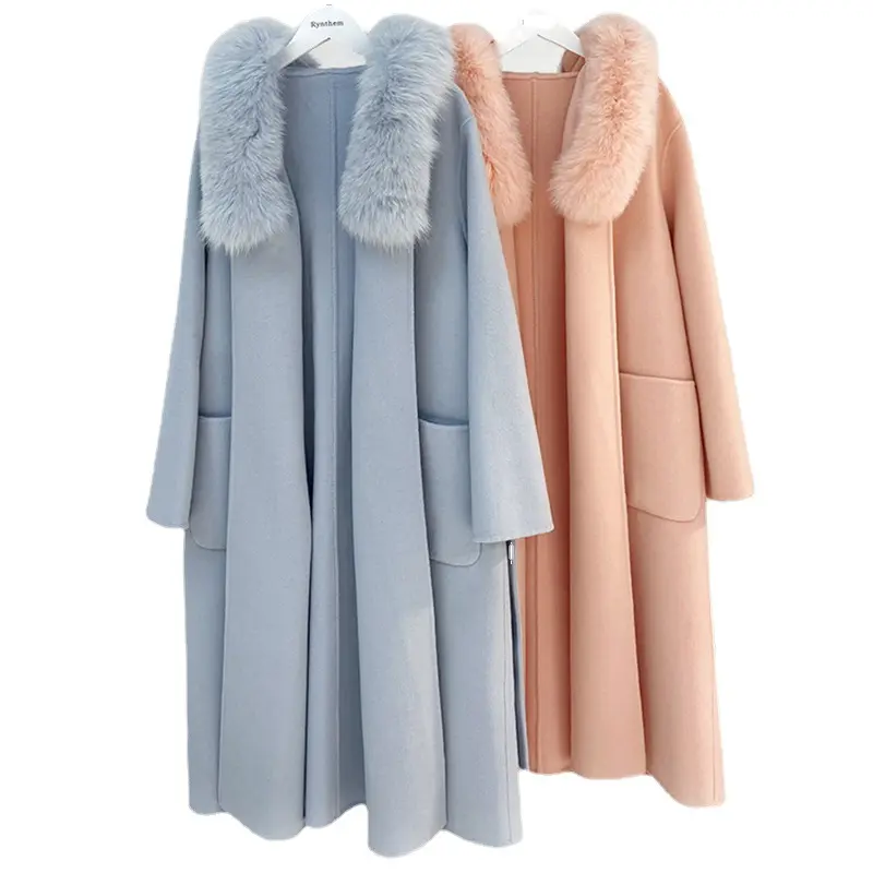 Mantel wol reversibel panjang wanita, mantel wol dengan kerah bulu rubah asli 2023 baru musim dingin 100%