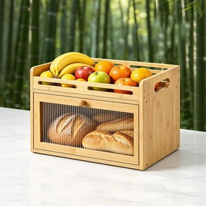 Boîte à pain en bambou avec couvercle rabattable et porte en acrylique, conteneur de rangement pour fruits sur comptoir de cuisine, pour l'organisation des aliments frais - Product Image 3