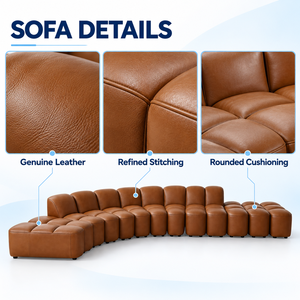 Sofá Seccional Modular Curvo de Cuero Genuino Color Cognac Naranja de VB Wholesale con Estructura de Madera Sólida y Espuma de Alta Densidad para Salas de Estar - Product Image 6