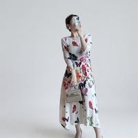 Produit le plus vendu de l'été : Robe midi plissée Miyake à taille naturelle, imprimé papillon élégant, manches 3/4, haute élasticité, tissée