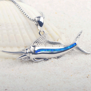 Hawaii style 925 sterling silver blue <strong>opal</strong> marlin fish pendant <strong>necklace</strong> for men summer jewelry - Product Image 3