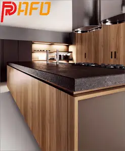 Kabinet Pelapis bubuk warna cokelat muda baja tahan karat unit kabinet dapur kustom Modern dengan meja kuarsa