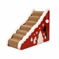 Maison pour chat en carton ondulé, thème Piste de ski de Noël, avec griffoir à marches et boule suspendue