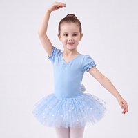 Maillot de Ballet para Niñas, Tutú con Mangas Abullonadas, Cuello en V, Lazo en la Espalda, Falda de Tul con Estrellas Brillantes para Clases de Danza