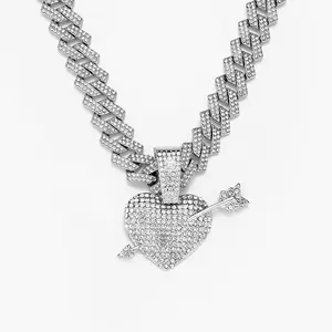 RENQING Wholesale Iced Out 15mm Rhombus Miami Chain With Hip Hop Alloy And Bling Rhinestone Heart Pendant Necklace