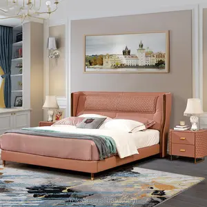 批发现代红色皮革床和床垫床床头柜张大床框卧室家具