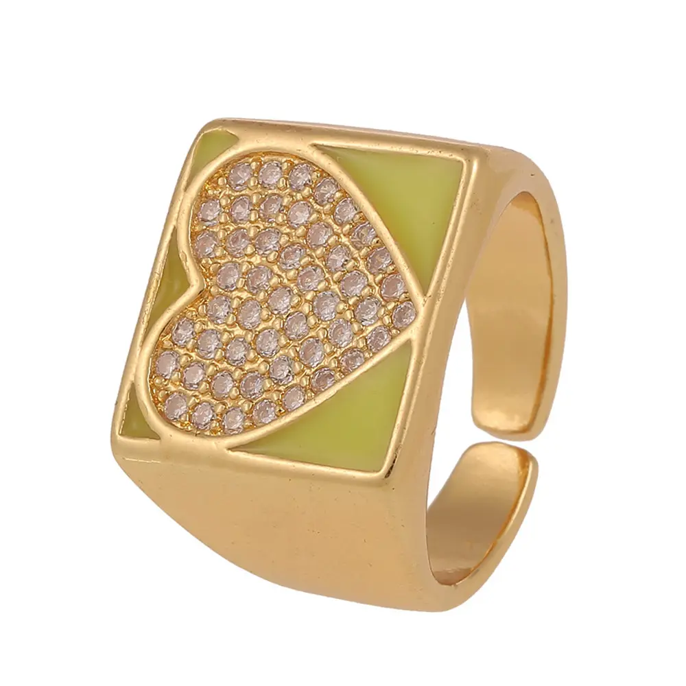 New Arrival Dainty Gold Plated Rectangular Accent Multiple Colors Enameled Inlay Zircon Inspirational Love Heart Finger Ring