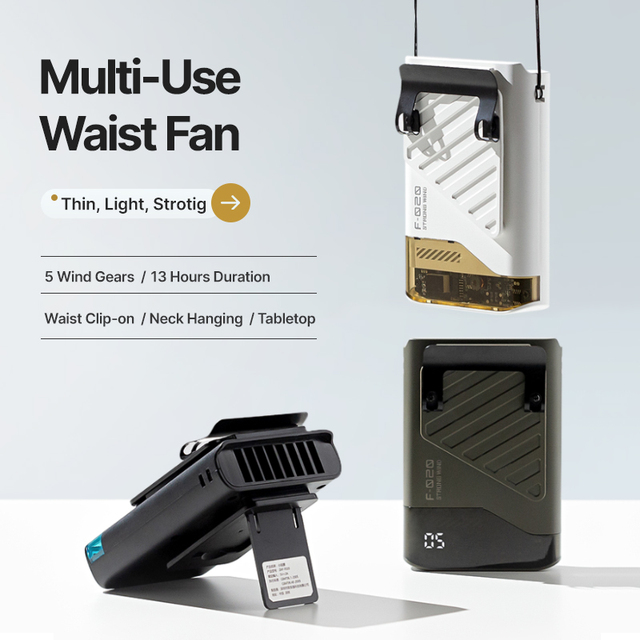 Multi-Functional 4000mAh USB Rechargeable Electric Fan Five Wind Speeds Portable Wearable Waist Neck Design Household Outdoor