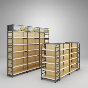 Ensemble d'étagères de vente au détail robustes en acier et en bois, étagères réglables en hauteur, présentoirs muraux et en îlot pour supermarchés - Product Image 1