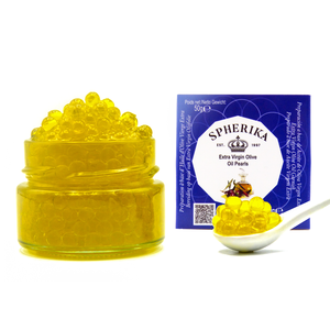 Perlas de aceite de oliva virgen extra Spherika, sabor intenso ligeramente gélido, tarro de vidrio de 50G, perlas de aceite de oliva amarillas a la venta - Product Image 2