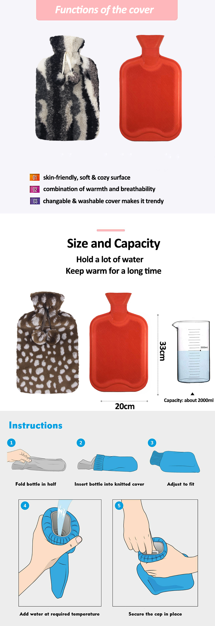 2023 new design hot selling winter hand warm 2l rubber hot water bottles water bag with soft plush cover