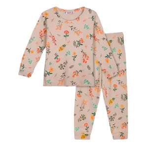 Crianças Conjuntos De Pijama Sustentável e Brincalhão Infantil 100% Algodão Interlock Tecido De Malha Conjunto De Pijama com Padrões Floral Cru