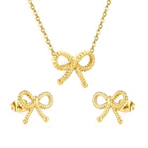 Conjunto de Joyería de Acero Inoxidable con Baño de Oro PVD de 18k, Diseño de Lazo y Mariposa, Collar y Aretes para Mujer, Venta al Por Mayor - Product Image 1