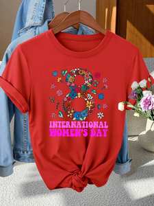 T-shirt elegante da donna a maniche corte, girocollo, stampa floreale, Top di moda primaverile per la Giornata Internazionale della Donna, 100% cotone jersey - Product Image 3