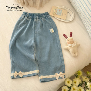 TongXingYuan Girls Jeans Sky Blue Cotton <b>Elastic</b> Waist <b>Lace</b> Trim Summer Casual Pants Children's Wear - Product Image 1