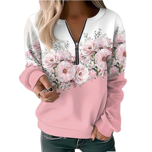 Nouveau design – Pull streetwear respirant pour femme, imprimé floral, col zippé à la française, manches longues, coupe ample - Product Image 1