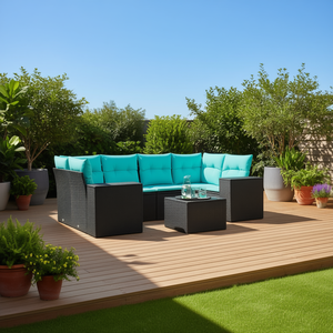 Set Divano da Esterno Moderno in Polyrattan Nero con Cuscini, 7 Posti, Arredamento da Giardino - Product Image 2