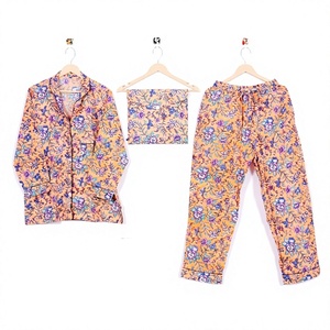 Nouvel Arrivage Ensemble Pyjama Femme en Coton pour l'Été, Col en V, Taille Élastique, 3 Pièces, Respirant, Doux, Séchage Rapide, Haute Qualité - Product Image 1