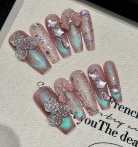 Venta al por mayor de alta calidad Nail Art Bling Stones Press on Nails <span class=keywords><strong>uñas</strong></span> postizas hechas a mano 10 piezas pintadas a mano - Product Image 4