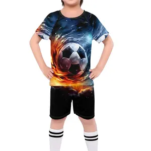 红蓝火焰足球设计儿童足球套装夏季卡通风格印花足球服男孩女孩运动服