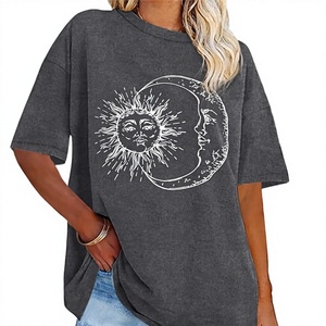 T-shirt décontracté en jersey de coton gris à imprimé soleil et lune pour femme, coupe ample, col rond, manches courtes, printemps-été - Product Image 1
