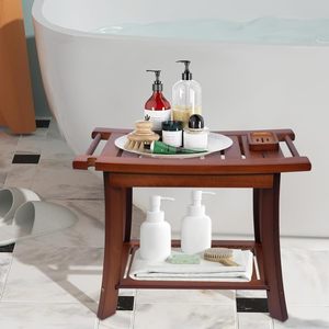Tabouret de salle de bain en teck Ruoyi 60x30x45cm avec rangement double couche, siège de douche avec porte-serviettes, antidérapant, pour baignoire - Product Image 1