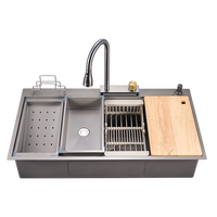 Évier simple en acier inoxydable de haute qualité, couleur gris nano, avec robinet et accessoires multifonctionnels
