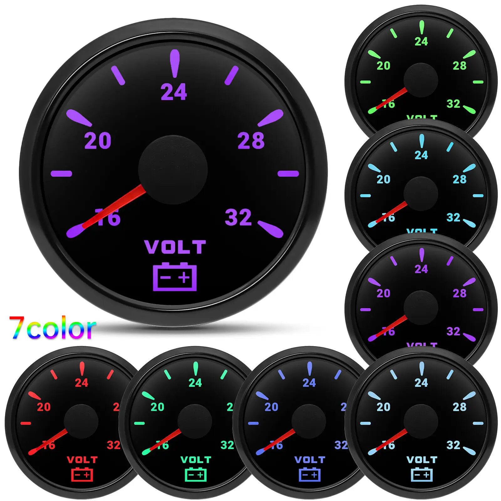 52mm Pointer Voltage Gauge 16-32V 7 Color LED For Auto Car Boat Voltmeter