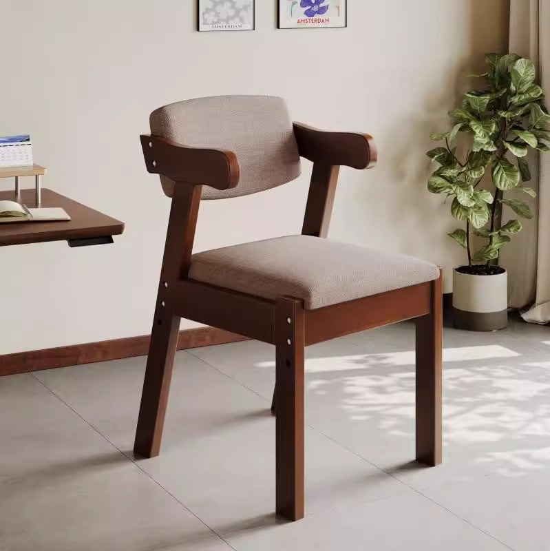 Walnut-colored solid wood + coffee-colored fabric upholstery