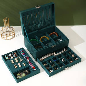 Boîte à <span class=keywords><strong>Bijoux</strong></span> en Velours Vert Foncé <span class=keywords><strong>Grande</strong></span> <span class=keywords><strong>Capacité</strong></span> Luxe Polyvalente Rangement de Bureau pour Bracelets Colliers en Daim - Product Image 1