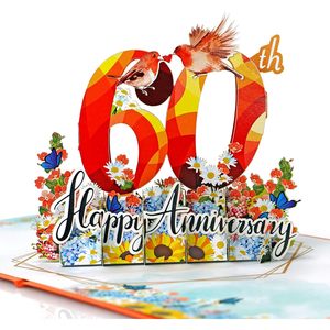 Carte de vœux 3D pour couple, design fleurs et oiseaux, pour la 60e anniversaire, célébration de l'anniversaire du diamant - Product Image 1