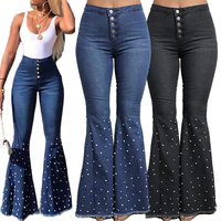 Jeans évasés taille haute personnalisés pour femmes, motif sérigraphié, perles et cristaux, pantalon en denim, vente en gros OEM