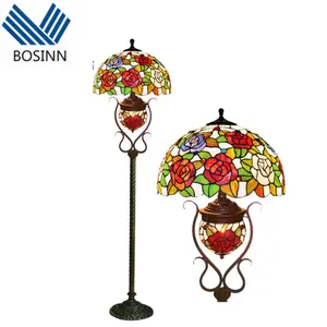 Tiffany Post Lamps Vitrail Lampadaires Tournesol Abat-jour Armet Casque Bronze Placage Pole Lampadaire