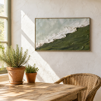 Peinture sur toile acrylique texturée artisanale minimaliste Wabi Sabi, vert olive et blanc, motif vague, paysage marin, cadre en aluminium