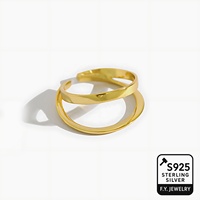 Minimaliste 925 Sterling Silver Plaqué Or Double Bande Anneau Ouvert Sculptural Layered Design Fine Jewelry pour Femmes Usage Quotidien