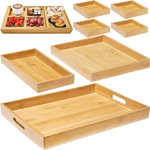 Bamboo Wooden Serving Trays With Handle - Set Of 7 - Large Medium Small And Mini - Nesting Multipurpose Trays - For Breakfast