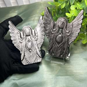 Vente en gros de pierres de cristal de guérison en obsidienne argentée de style bohème naturel, sculptées en forme d'ange, pour la décoration de la maison et les cadeaux - Product Image 2