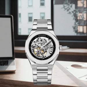 Reloj de Moda para Hombre de 41 mm, Plateado y Negro, de Acero Inoxidable, Esqueleto, Tourbillon, Resistente al Agua, Automático, Luminoso, Mecánico, con Puntero de Cristal - Product Image 5