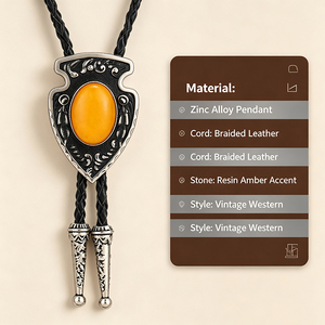 Bolo Tie Western Vintage pour Homme, avec Pendentif Flèche et Bouclier en Pierre d'Ambre, en Métal Gravé, Cordon en Cuir Tressé, Bijou Décontracté pour Chemise - Product Image 3