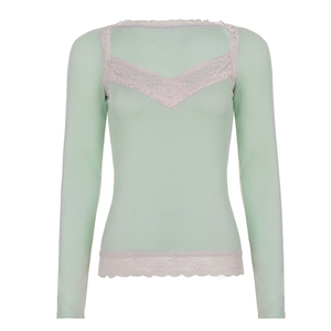 Camiseta de punto con encaje y bloques de color para mujer, camiseta de manga larga Y2K, camisa básica informal, ropa de moda para primavera y otoño - Product Image 6