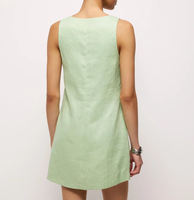 Robe Mini Moulante Vintage en Lin Teint Uni 100% Personnalisée OEM, Taille Haute, Sans Manches, Col en V, Boutons sur le Devant avec Garniture en Résine