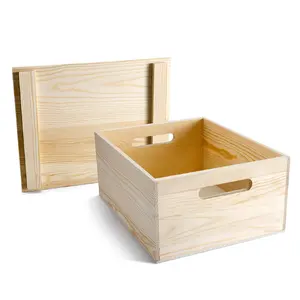 Kotak kayu pinus dekoratif kotak kayu dengan lubang tangan dan tutup tanpa cat cocok untuk dekorasi rumah alat anggur kerajinan seni mainan dapur