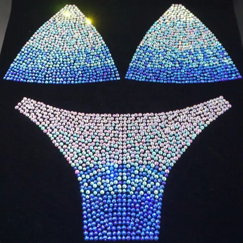 בגדי ים כחולים סקסיות נשים ביקיני סט יהלום ריינסטון בגד ים בגדי חוף קריסטל עיצוב העברת חום