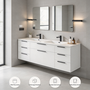 Contemporary White Wooden Double Sink <b>Bathroom</b> Vanity Base Cabinet With Storage - Product Image 5