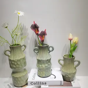 農家の家の装飾リビングルームハンドル付き素朴なセラミック陶器花瓶