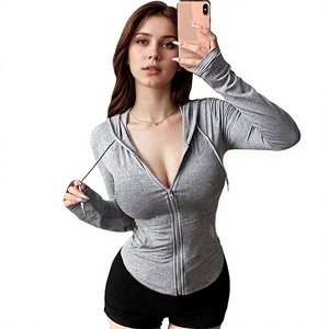 <b>Women's</b> Gray Full Sleeve <b>Zip</b>-<b>Up</b> Hooded Cotton Sweatshirt Breathable Anti-Wrinkle Knitted Fitted Workout <b>Top</b> Autumn Printed - Product Image 1