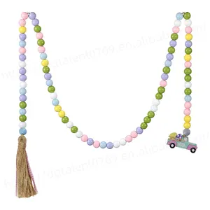 Easter Wood Bead Garland with Tassels Farmhouse Rustic Spring Beads Garland