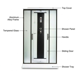 <span class=keywords><strong>Cabine</strong></span> de <span class=keywords><strong>douche</strong></span> vapeur électrique YEETE à cadre noir, rectangulaire, avec porte coulissante, jets corporels, siège pliable et étagère en verre - Product Image 4